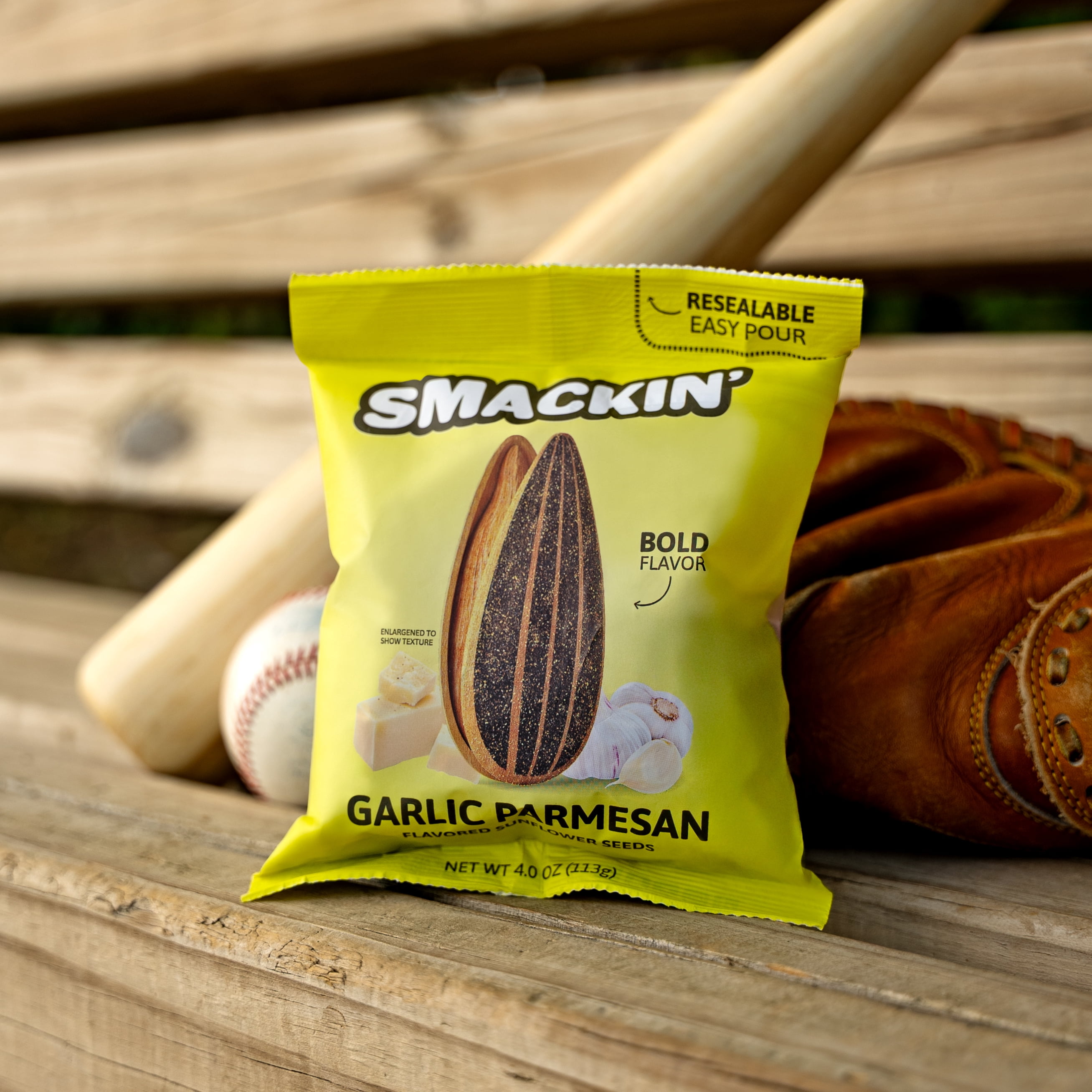 (4 pack) SMACKIN' Sunflower Seeds, Garlic Parmesan, 4 oz Resealable Bag