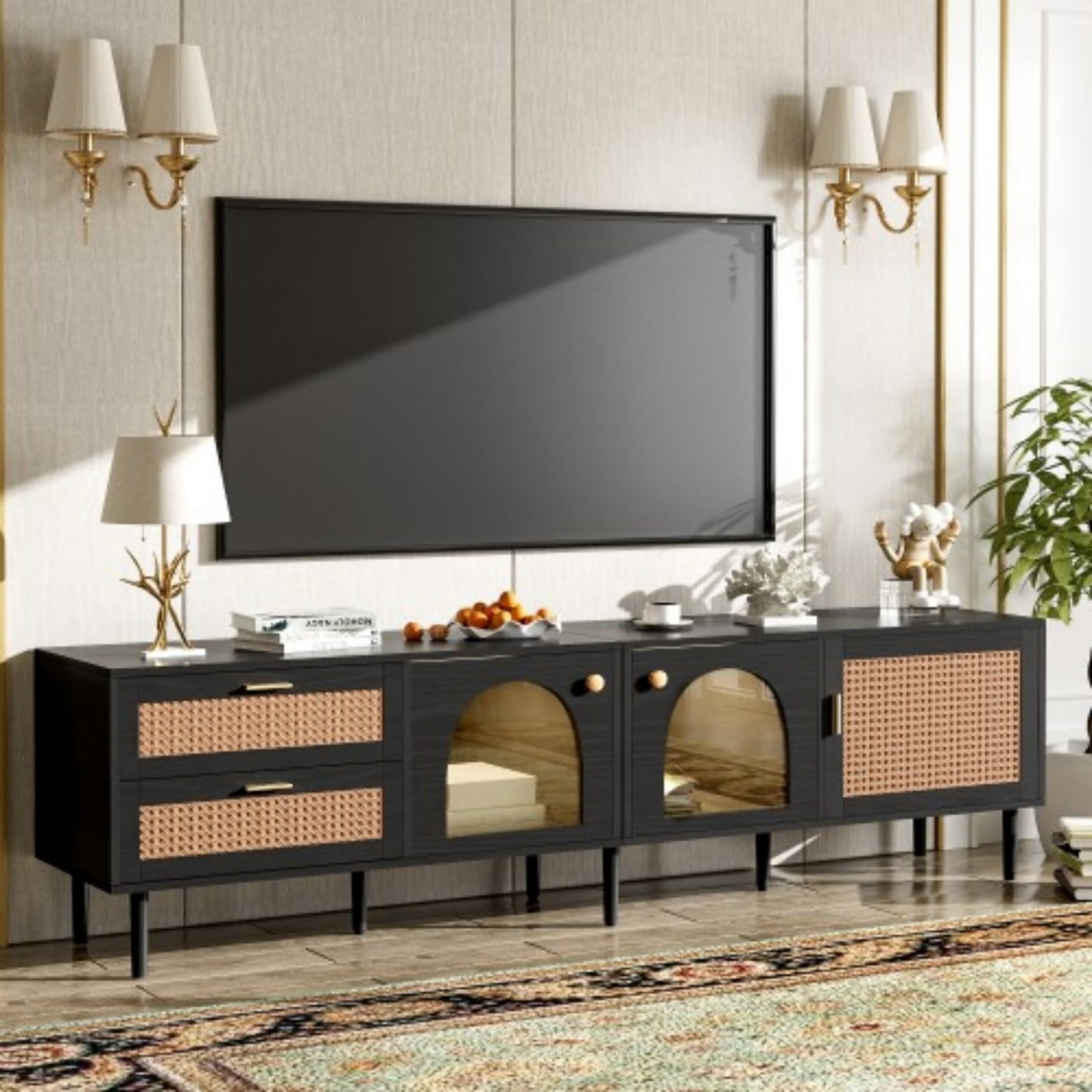 Rattan TV Stand for 80" TV, LED Entertainment Center with 3 Cabinets 2 Drawers, Modern Media Console with Cable Management, Black