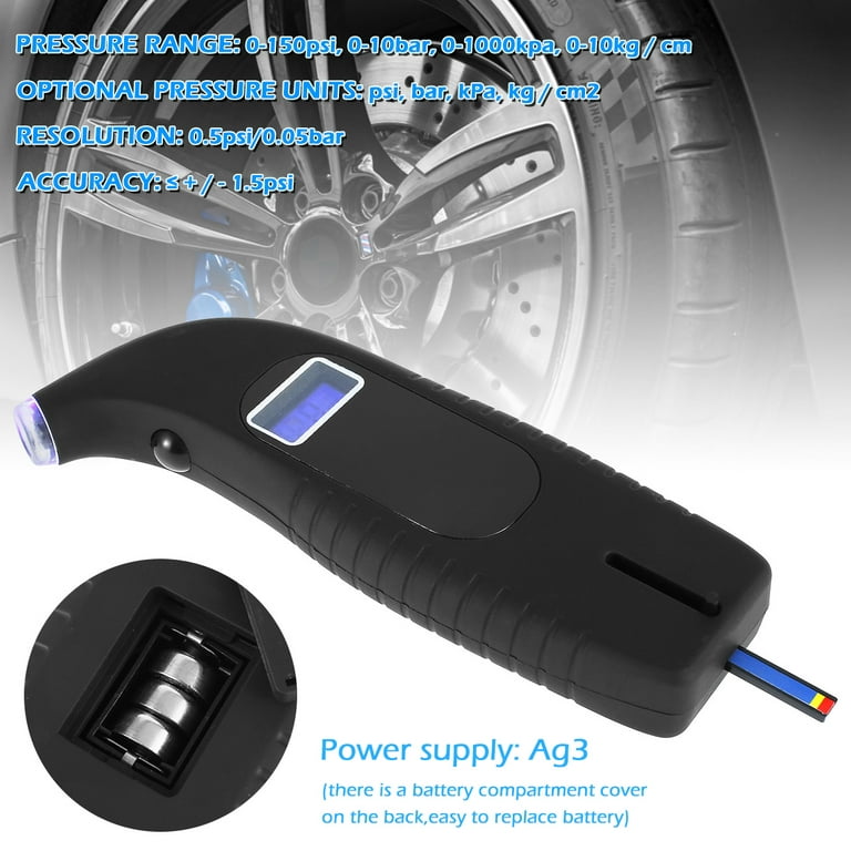 Tzgsonp Digital Tire Pressure Gauge Portable 0-150PSI Tyre Pressure Gauge  with Backlit LCD & LED Nozzle PSI, BAR, KPA, KG/CM2 Settings Battery  Powered Air Pressure Gauge for Cars Trucks 
