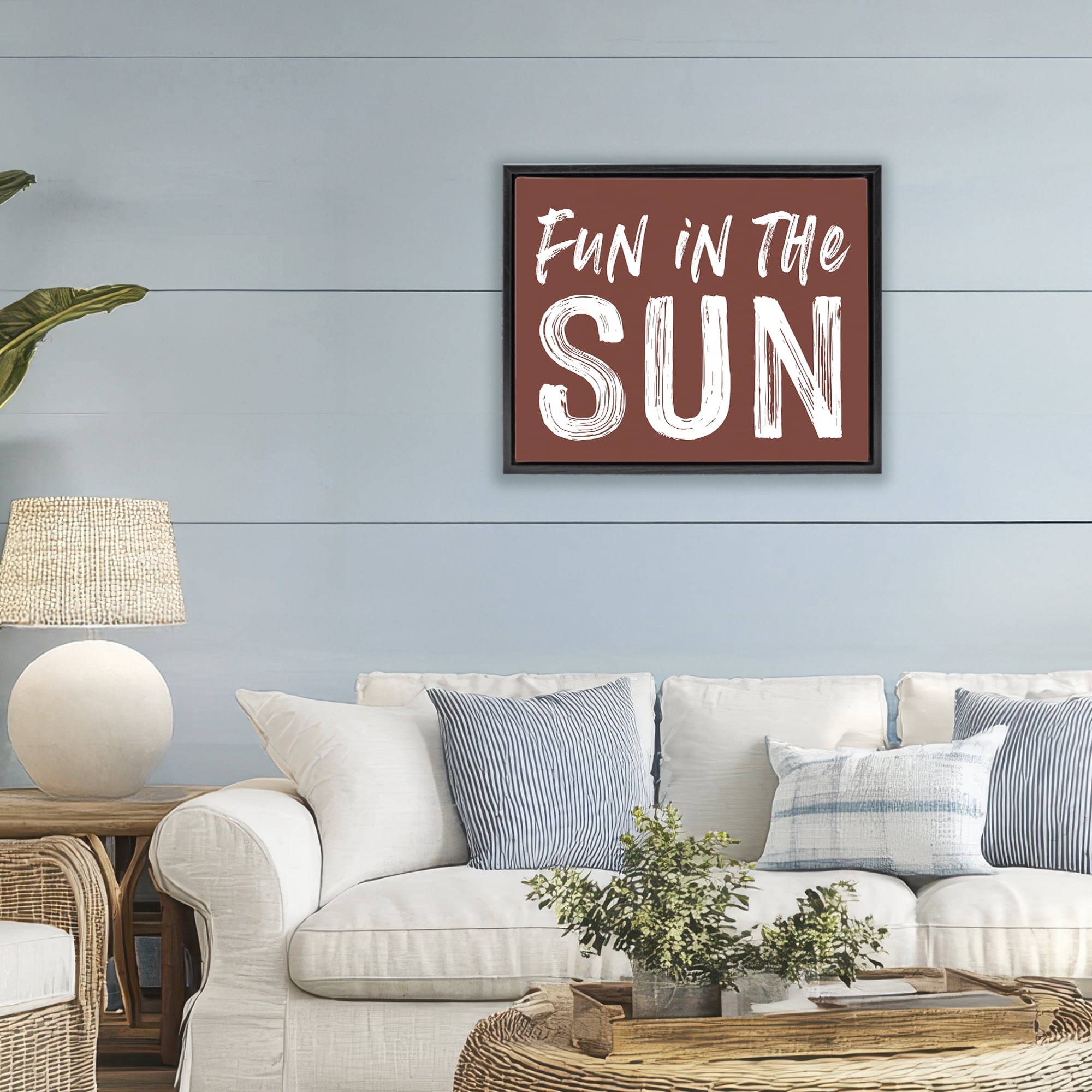 Fun In Sun Brown Sentiment Black Framed Floater Canvas Wall Art, design by Lettered and Lined