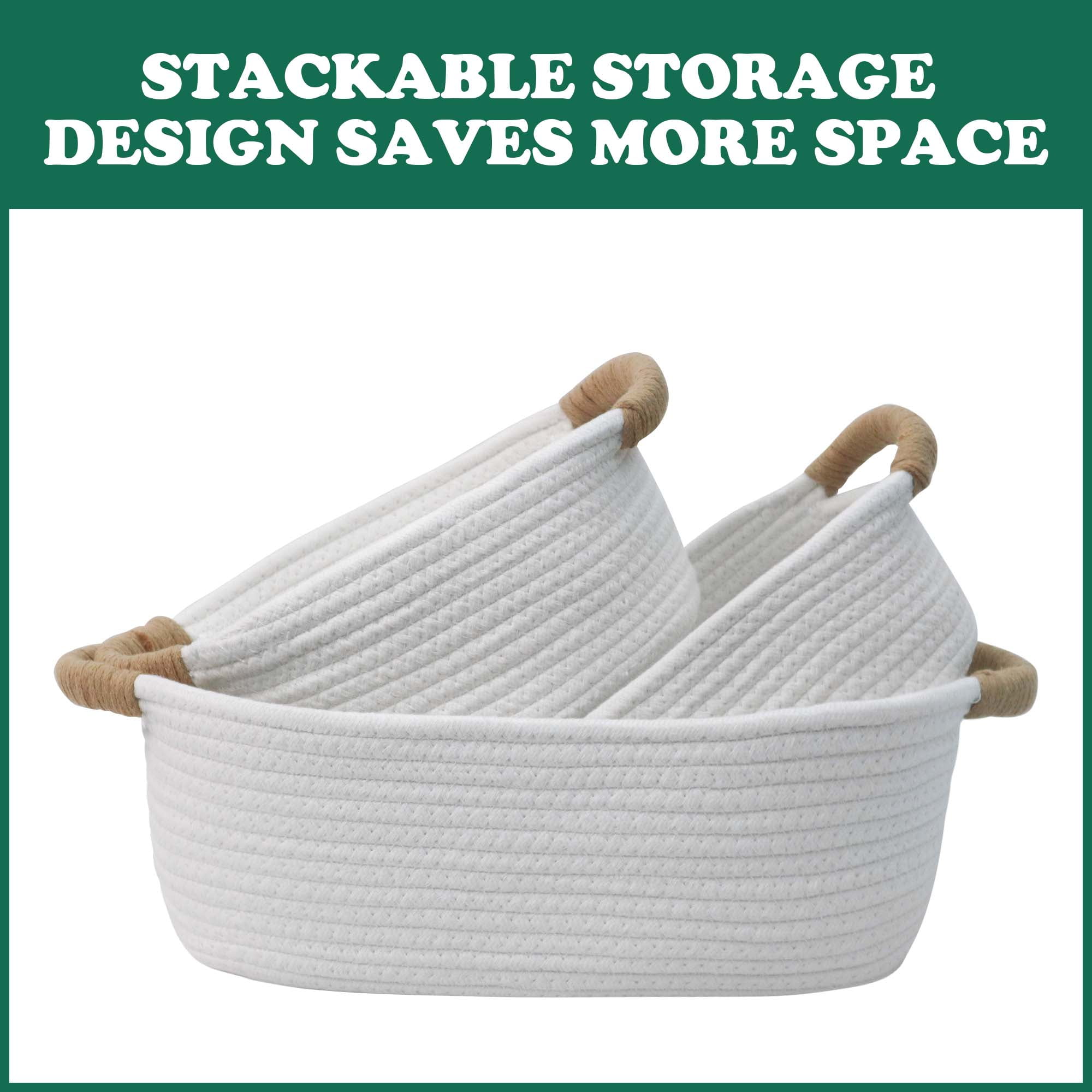 Caroeas 3-Piece Small Cotton Rope Basket, Woven Storage Basket Set, Nesting Bins for Organizing Shelves, Baby, Nursery, Toy Storage, Montessori, White