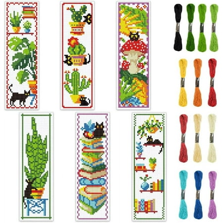 6pcs DIY Cross Stitch Bookmark Kit Plant Stamped Embroidery Bookmark Kits Instruction Included 8.7x3.1" Black Cat Easy Cross Stitch Kits for Adults Beginners Book Needlepoint Bookmark Kit
