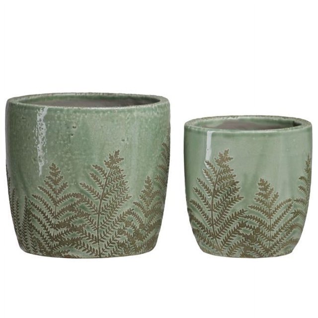 Urban Trends Collection 44004 Terracotta Round Pot with Fern Leaf Body, Green - Set of 2