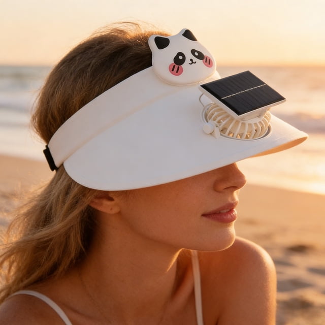 CaiYueKe Cute Animation Sun Visor Hat with Built In Solar Powered Fan, Wide Brim Sun Protection Hat, Adjustable Outdoor Hat for Adults, Beach Hiking Gardening Hat, UV Protection Cooling Hat