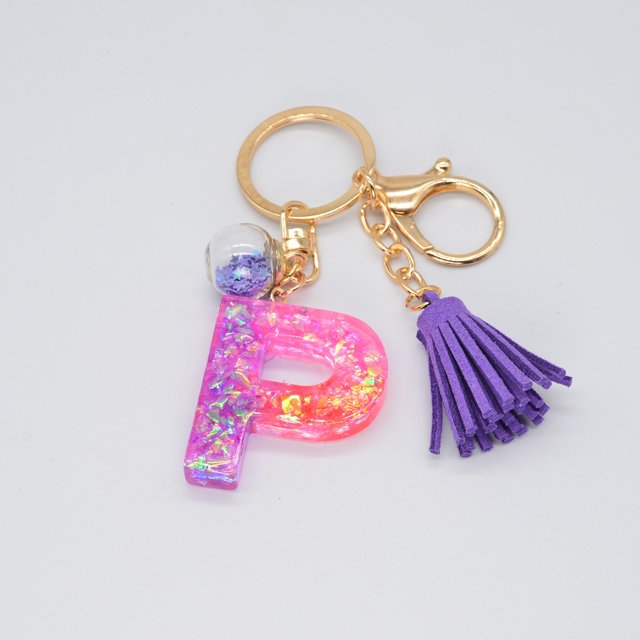 Hangs 2 Resin Glittering Letter Keychain with Color Stitching Flowing Design Purple Drop Glue English Character Key Chain for Daily Use