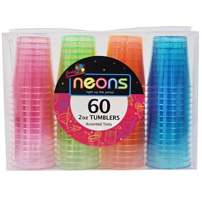 EcoQuality Neon Mix 2oz Tumbler - Disposable Plastic Cups - Eco-friendly Cold Cups for Cocktails, Home, Office, Events, Wedding, Parties (60)