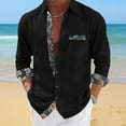 thumbnail image 2 of USNSM Men's Hawaiian Shirt Linen Long Sleeve Regular Fit Collar Button Down Shirt Casual Print Shirts with Pocket Black S, 2 of 6