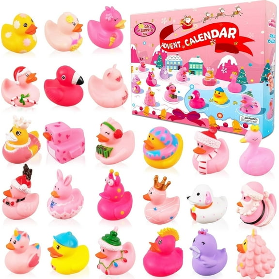Pink Advent Calendar Christmas Ducks 2025 - 24pcs Rubber Duck Advent Calendar 24 Days Christmas Countdown Sets Fun Duckies Bath Props for Birthday Shower Xmas Gifts Party Favors Play