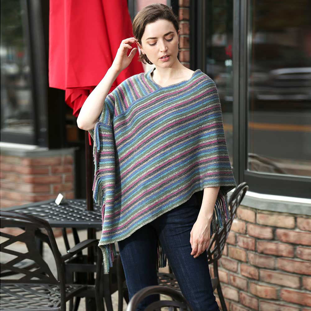 Small MarlaWynne Double Knit Jacquard Poncho with Turtleneck in Ecru/Sand Stone 