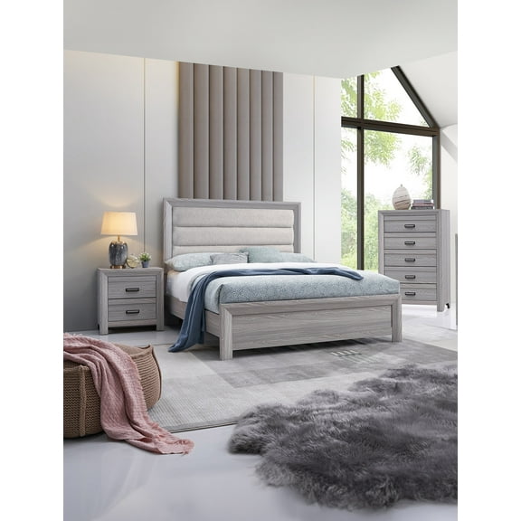 Contemporary Rustic 3Pc Queen Upholstered Bed Chest Nightstand Set