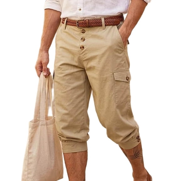 UAMVSH Men's Capri Pants Casual Below Knee Cargo Long Shorts Button Waist Outdoor Hiking Capris with Multi Pockets