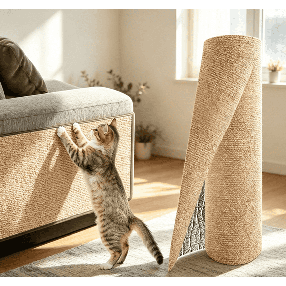 39.3" x 15.8" Trimmable Self-Adhesive Cat Scratch Mat, Felt Furniture Protector for Couch, Wall and Cat Tower, DIY Replacement Scratcher Pad, 1 Pack, Khaki