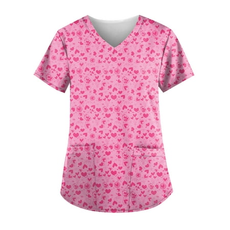 

XHJUN Womens Scrub Tops Cheap Valentine s Day Nurse Uniform Queen Of Hearts Print V Neck Nurse Shirts Pink XL