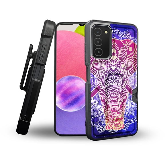 ANJ  Rugged Shockproof Holster Case Card Slot Kickstand   Tempered Glass Cover for Samsung Galaxy A03s - Blue Mandala Elephant