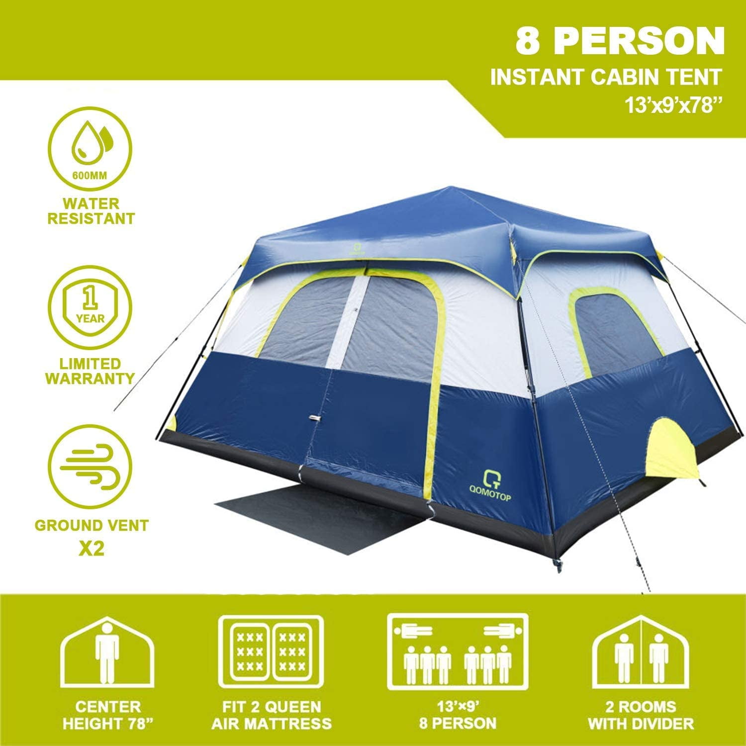 Editor Zuidwest klok QOMOTOP 8 Person Camping Tent, 60 Seconds Set up Waterproof Tent, Blue -  Walmart.com