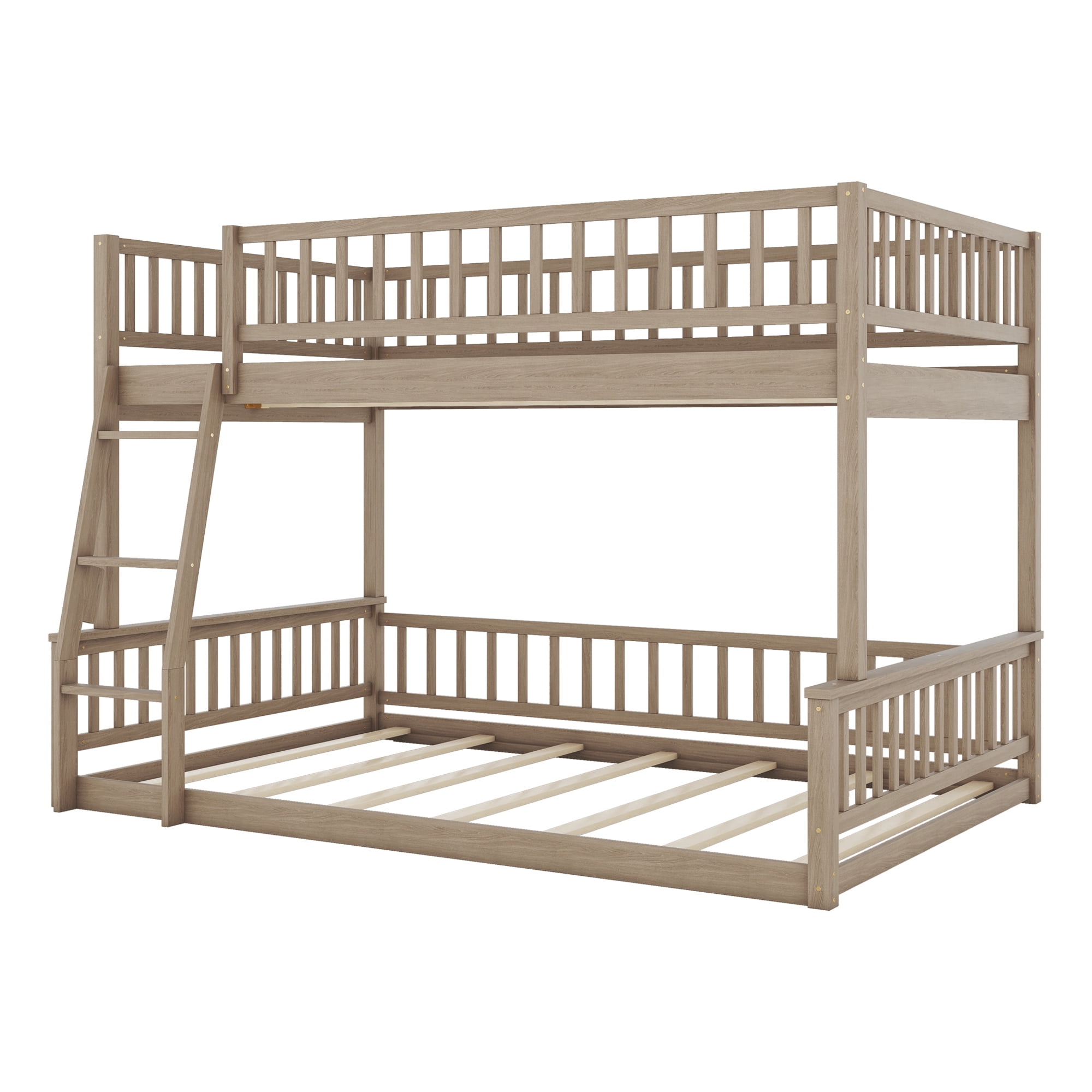 Full XL Over Queen Bunk Bed for Kids Adults, Queen Size Floor Bunk Beds with Inclined Ladder, Solid Wood Low Bunk Bed,Detachable Bunk Beds for Teens,Girls,Boys