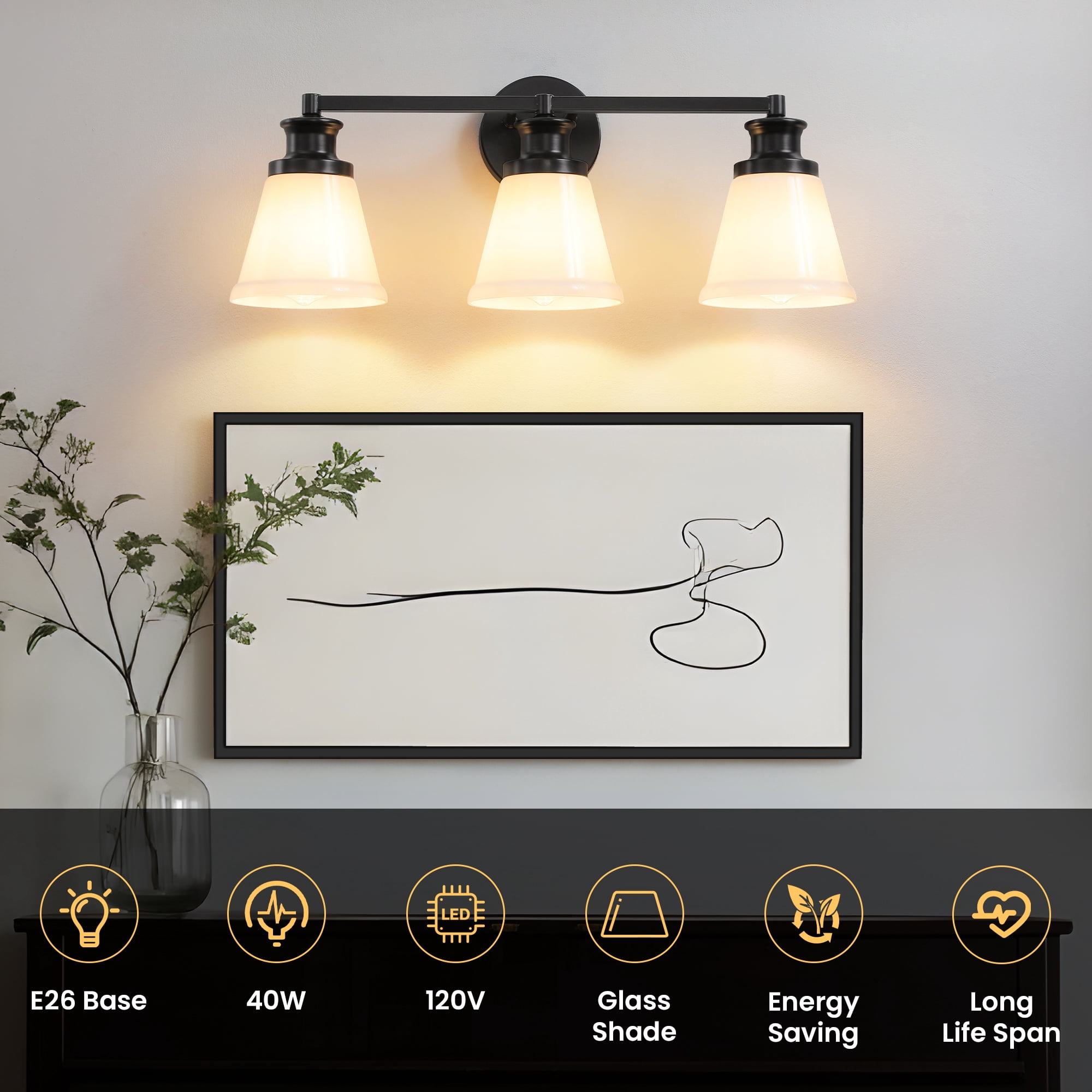 Bathroom Vanity Light Fixtures 3 Lights Modern Bathroom Lighting Fixtures Over Mirror with Frosted Milky Glass Shade Black Wall Sconce for Bath Bedroom