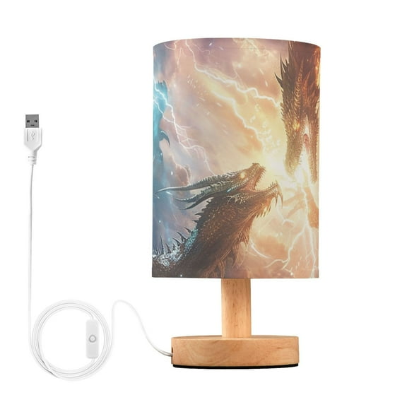Dragon Battle in Sky Bedside Desk Lamp LED Table Nightstand Lamps Warm Light Fabric Lampshade for Home Bedroom Office Living Room Decor