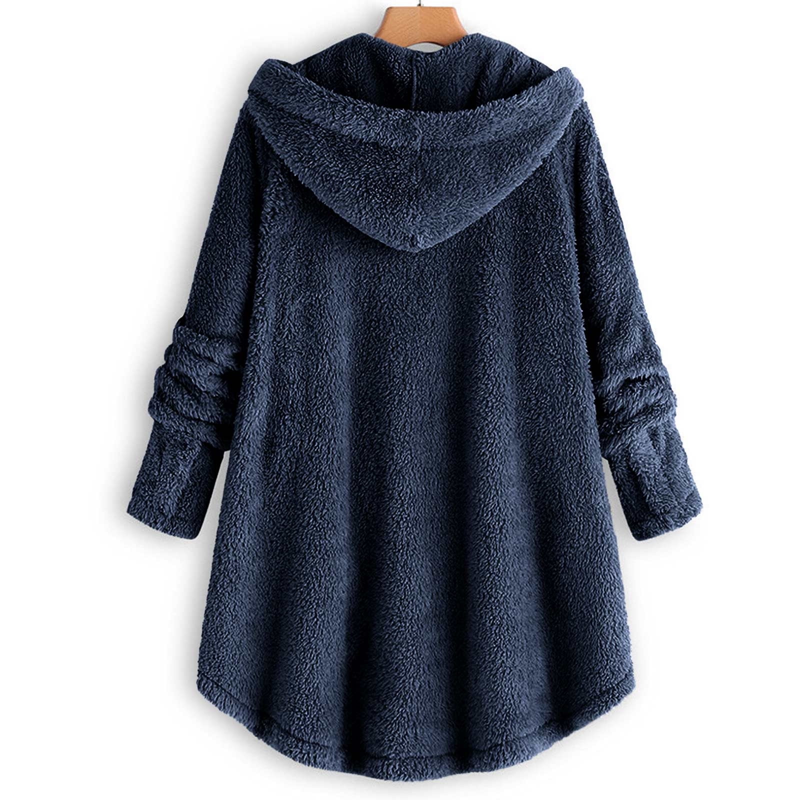 Womens Winter Coats Hooded Plus Size S-5X Fleece Button-Down Long Sleeve Jackets Ladies Casual Solid Soft High Low Hem Warm Outerwear Coat