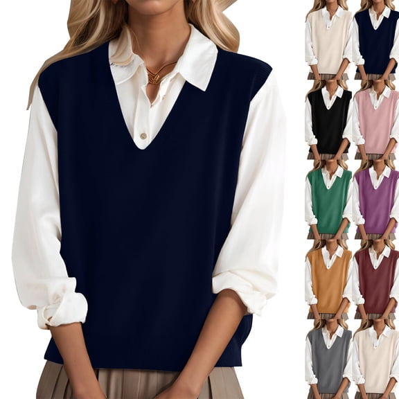 Sweater Vest Women Lightweight Sleeveless V Neck Sweaters Relaxed Fit Knitted Pull Over Sweater Vest Tops,Navy XL