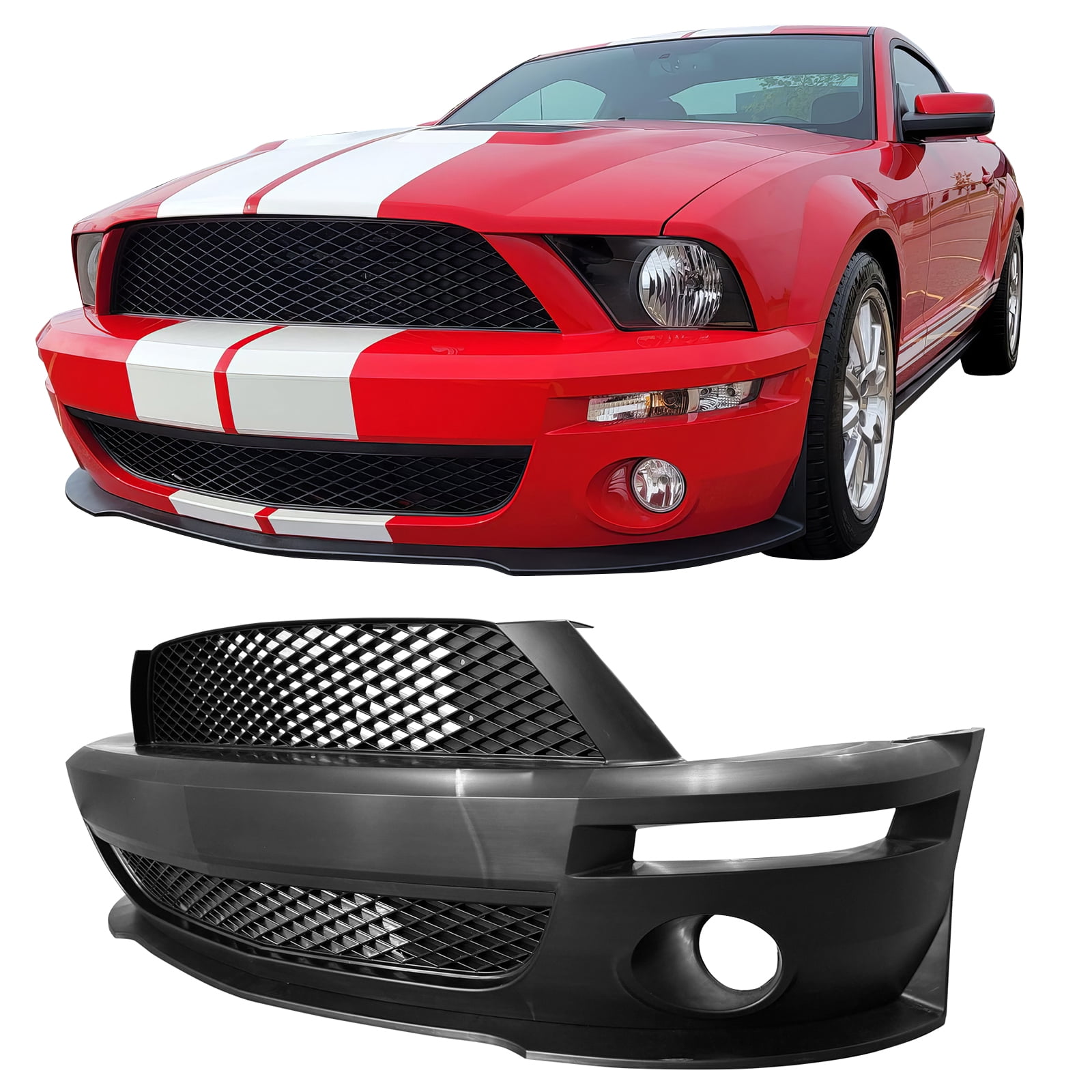Ikon Motorsports Front Bumper Conversion Cover Compatible With 2007-2009 Ford Mustang GT500 GT500KR Unpainted Black OE PP Injection Front Valance Lip W/ Lower Upper Grilles Bumper Fascia Applique