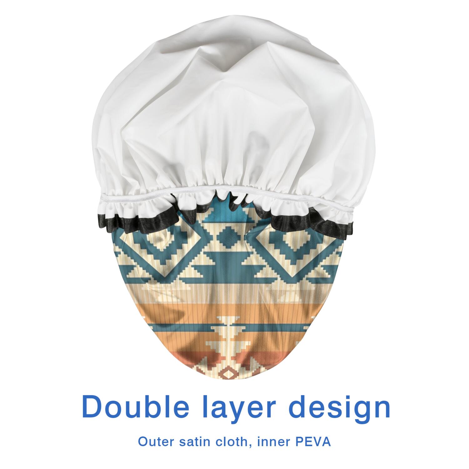 Shower Caps,Brown Ethnic Geometric Pattern Waterproof Shower Cap for Women 4 Pieces,Double Reusable Hair Cover for Shower PEVA Elastic Stretch Hem