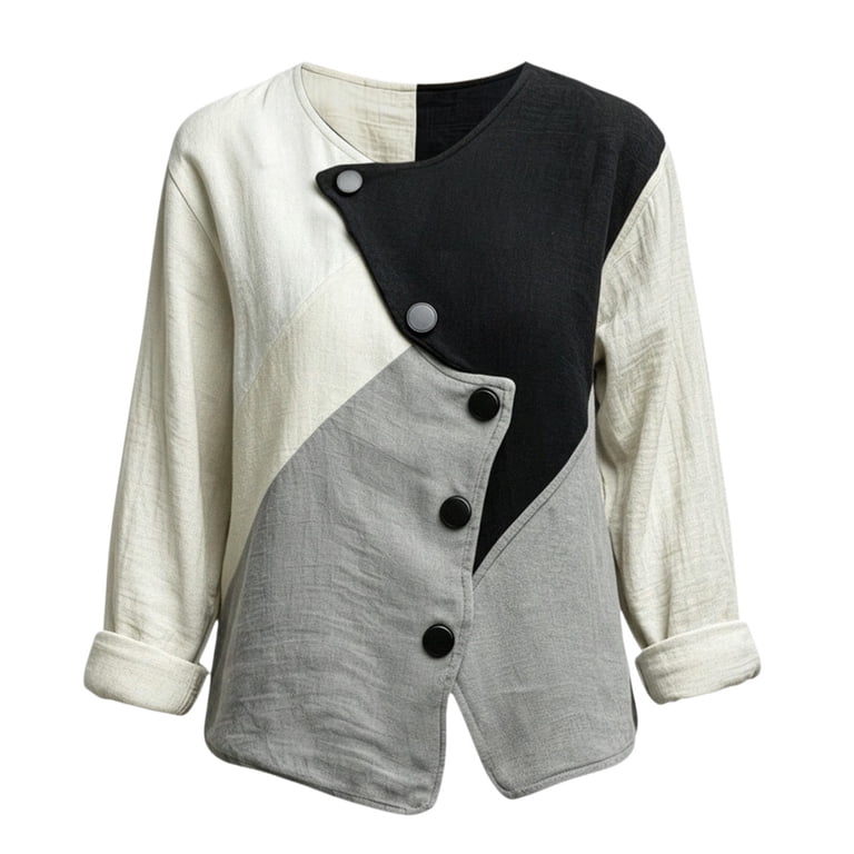 kaondbfi Women Linen Blend Shirt Asymmetrical Button V Neck Long Sleeve ...