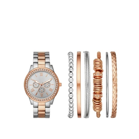 Ladies' Two-Tone Rose Gold and Silver Watch and Bracelet Gift (Best Selling Ladies Watches)