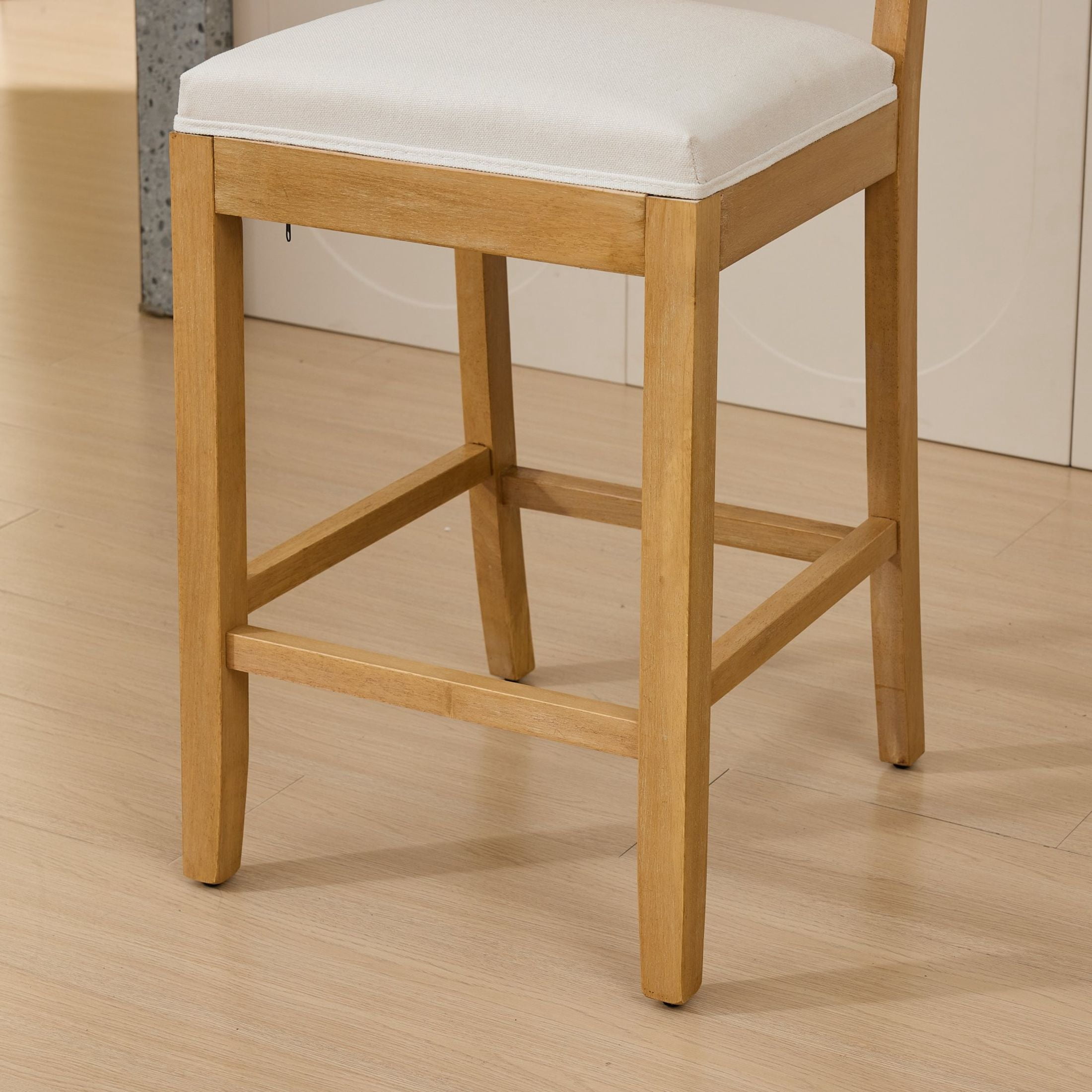 Noble House Set of 2 Rattan-Back Bar Stools, Linen Cushion, Solid Wood Frame, Beige