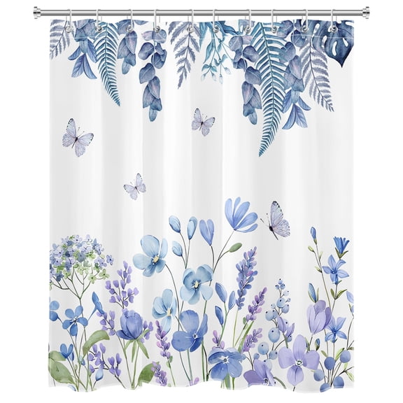 Watercolor Flowers Shower Curtain Blue Purple Floral Butterfly Eucalyptus Leaves Bathroom Shower Curtain Spring Plant Art Shower Curtain Home Decor with 10 Hooks 60x72 Inches