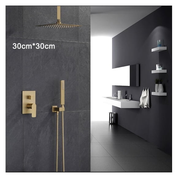 Bathroom Shower Set Brushed Gold Square Rainfall Shower Faucet Wall or Ceiling Wall Mounted Shower Mixer 8-12" Shower Head ,Easy to Install