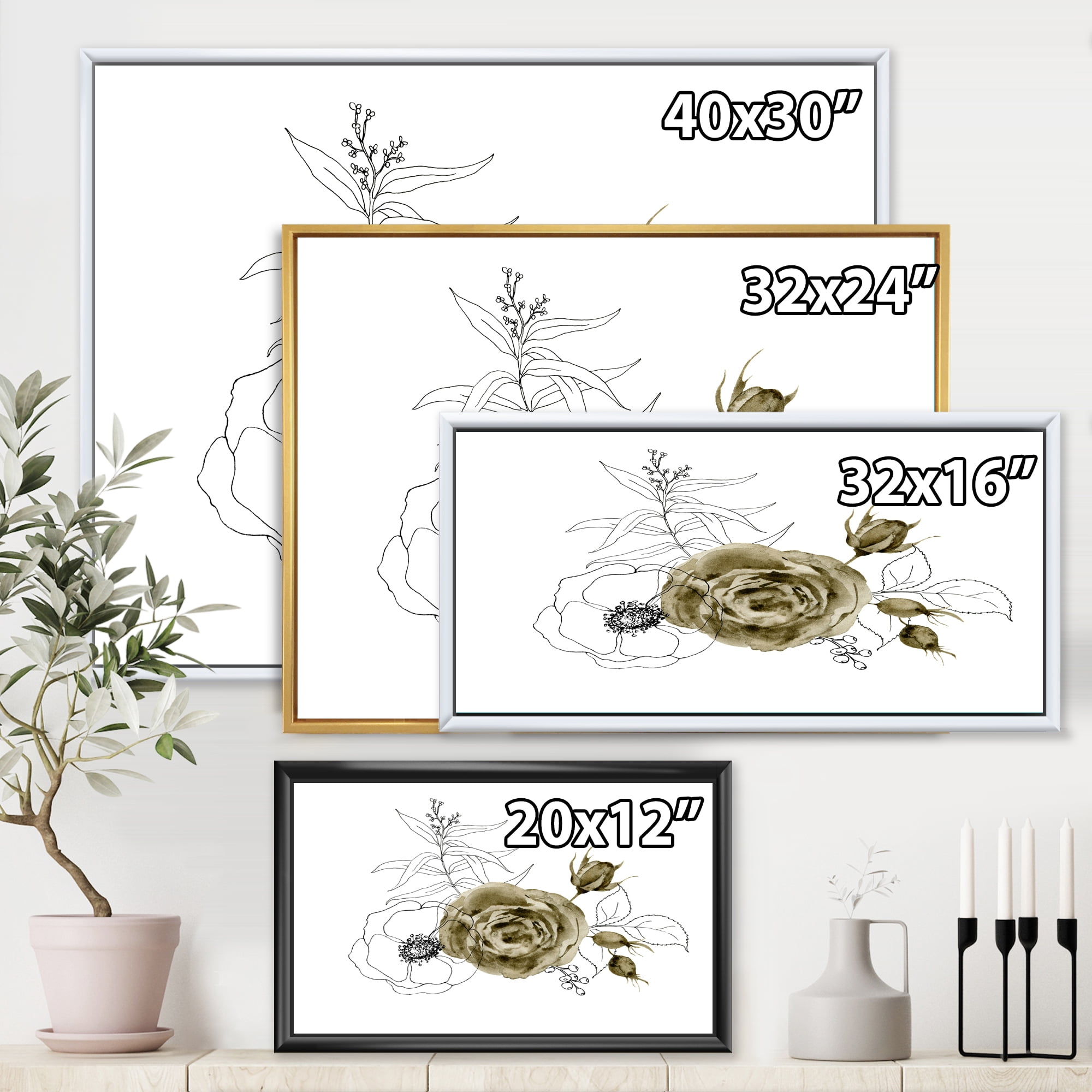 Designart 'Eucalyptus Branches With Anemone Bouquet Flower I' Traditional Framed Canvas Wall Art Print