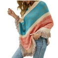 thumbnail image 3 of Ladies Loose Fall Fringe Cape Casual Colorblock V Neck Mid Length Tassel Striped Poncho Knitted Shawl Wrap Women, 3 of 3