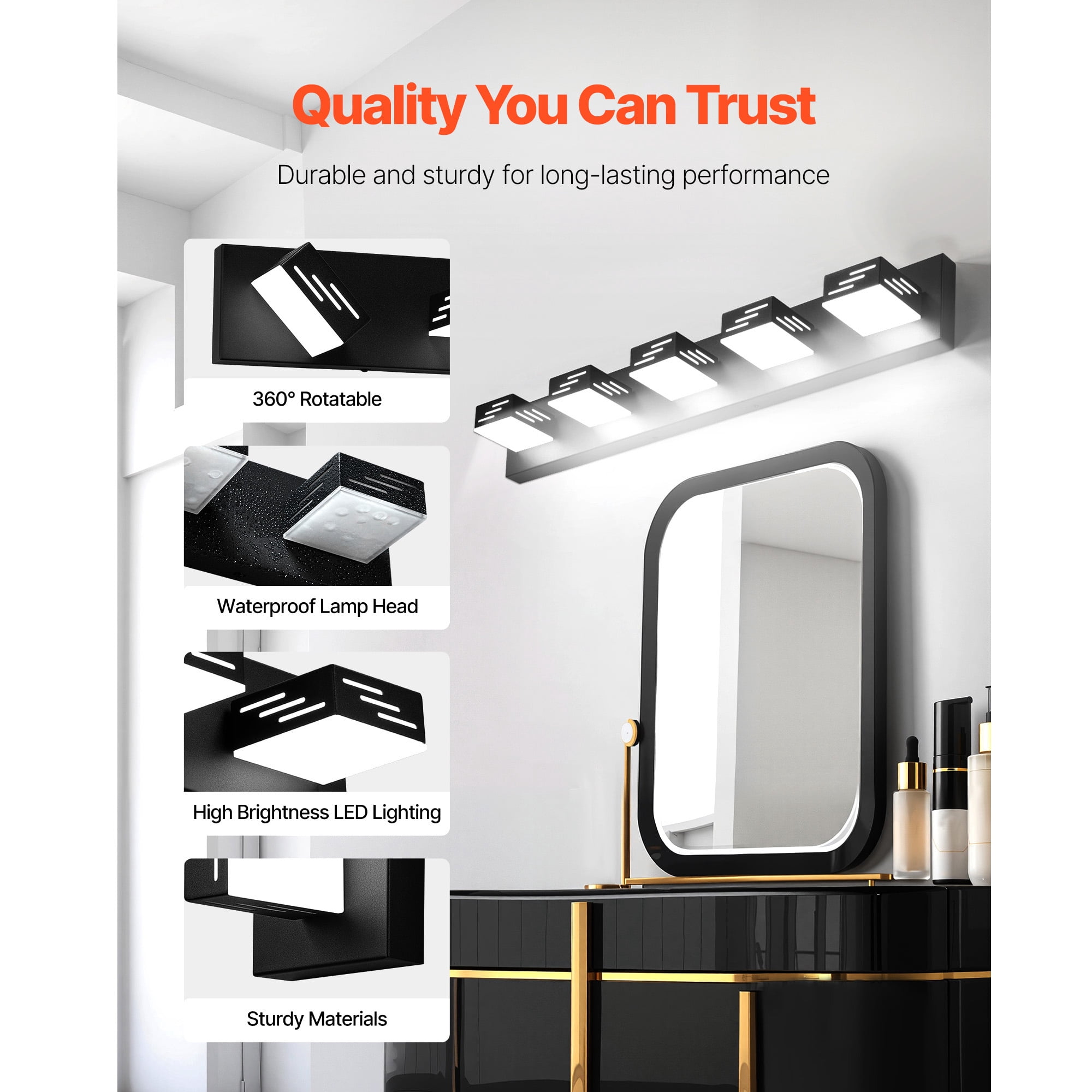 KFFKFF 5-Light LED Vanity Light Fixture, 33.46-Inch, Black Finish Wall Lighting for Bathroom, Bedroom, Living Room, Hallway, Cool White 6000K, IP44 Waterproof