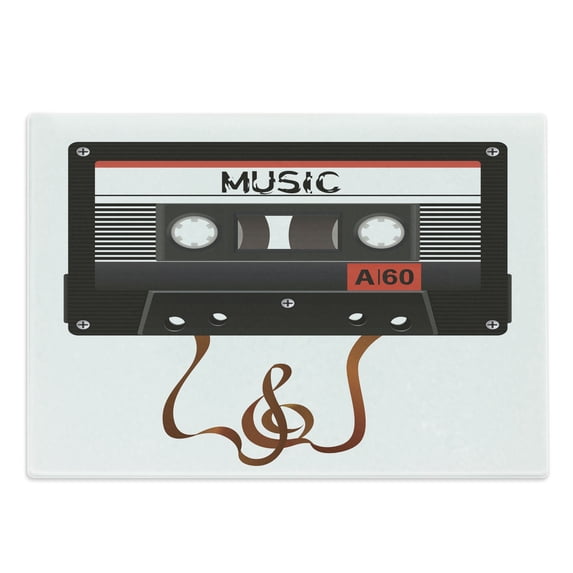 70s Party Cutting Board, Broken Analogue Audio Cassette Music Playing Record Vintage Technology, Decorative Tempered Glass Cutting and Serving Board, Large Size, Orange Caramel White, by Ambesonne