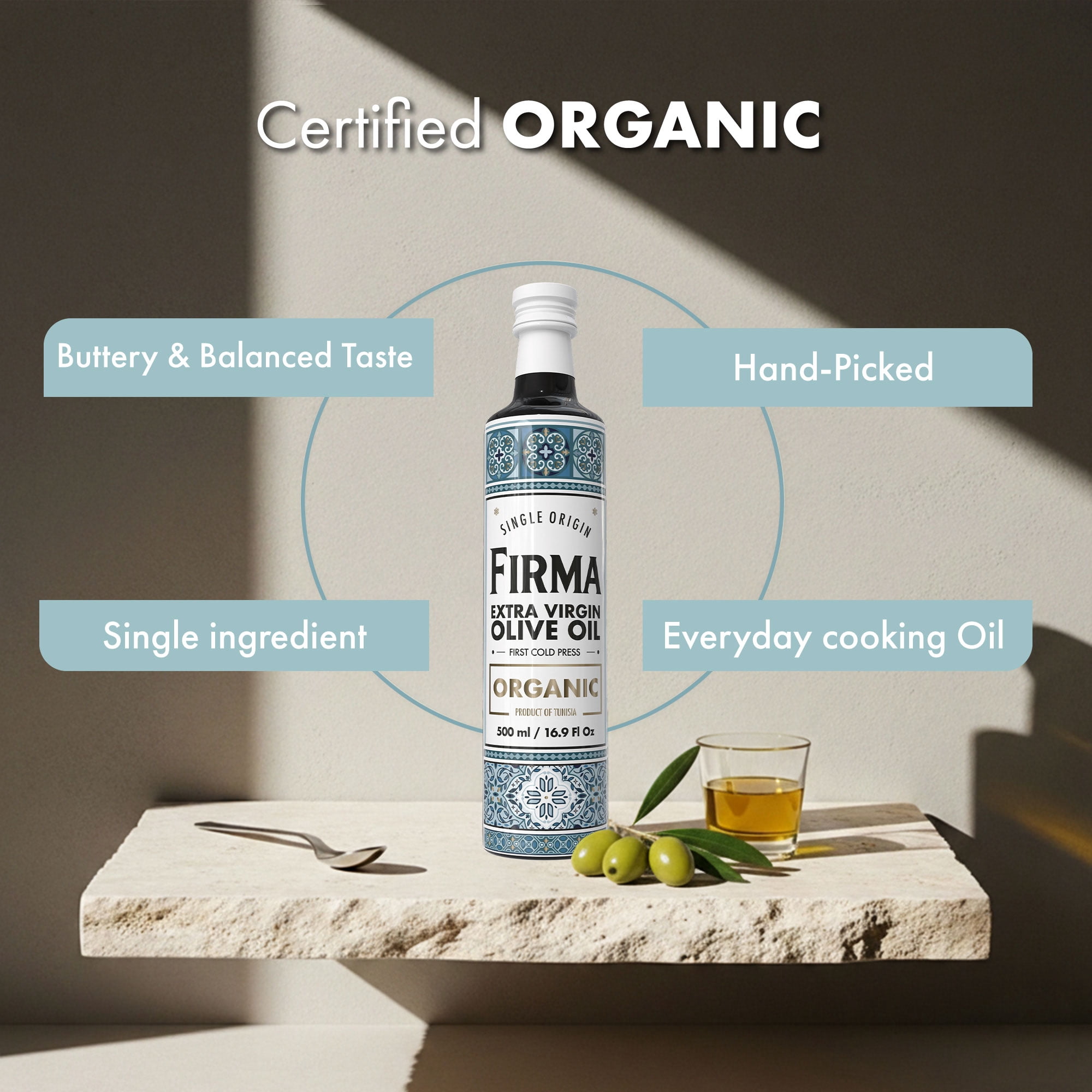 FIRMA Organic Extra Virgin Olive Oil, Single Origin Tunisian EVOO, 16.9 fl oz