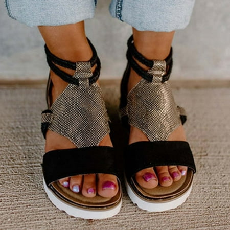 

AXXD Women Black Sandals Clearance 8.5 Summer Sandals Linen Woven Slope Heel Roman Shoes Spliced Sandals