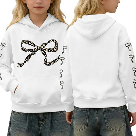 ZXLBBD Girls Cute Bow Print Hooded Sweatshirts Long Sleeve Soft Stretch Pullover for Play and Wear Comfort Loose Casual Dailywear