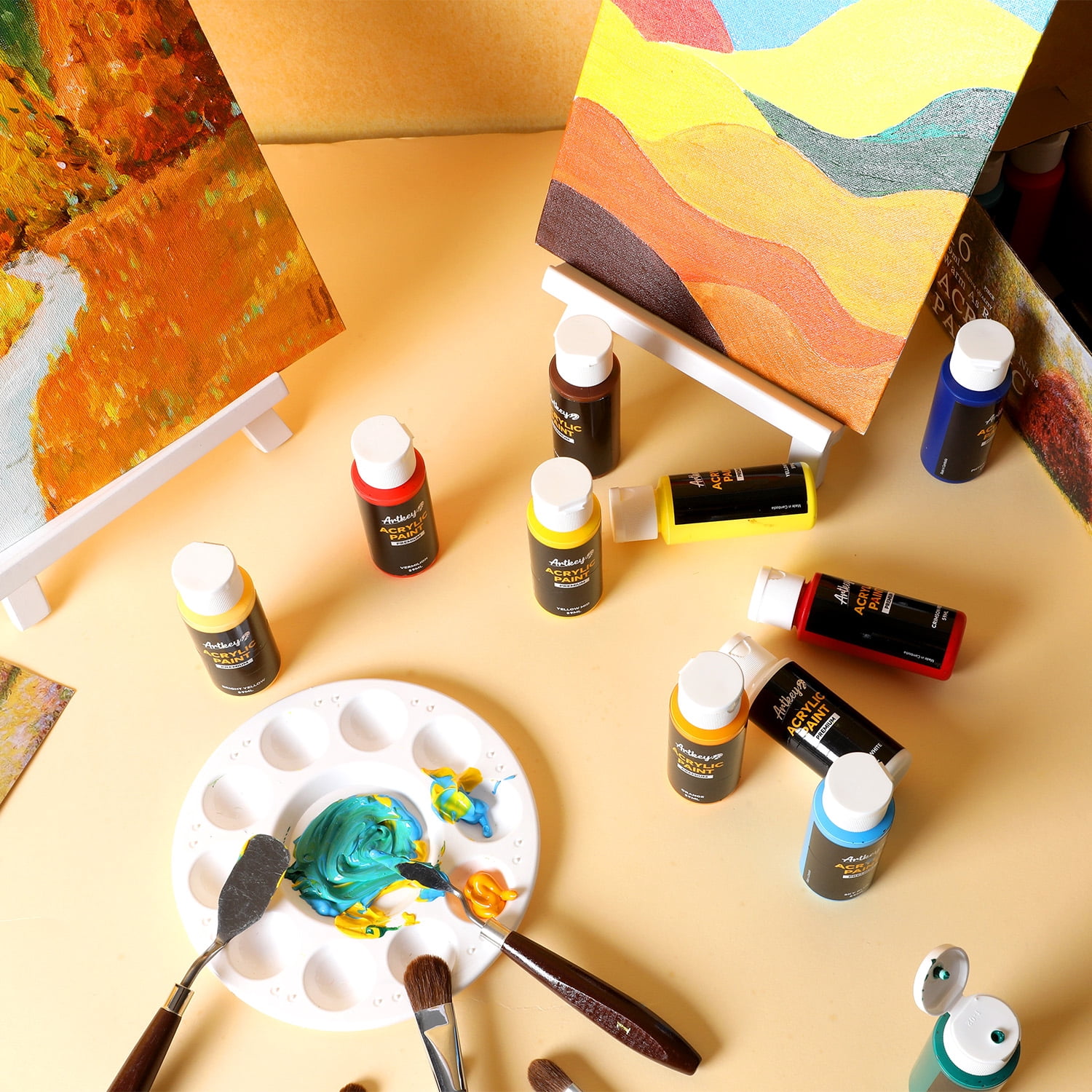 Artkey Acrylic Paint Set, 16 Colors 2 oz/59 ml Acrylic Paint Kit for Professional Artists & Beginners – Fall Warm
