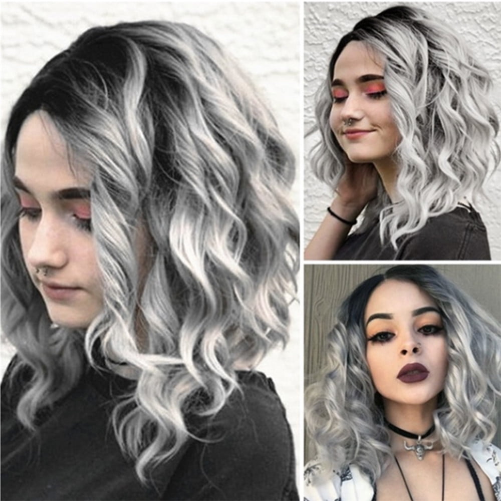 Short Wavy Bobo Human Hair Rose net Wig Glueless Front Wigs Gray Women(2Pack)