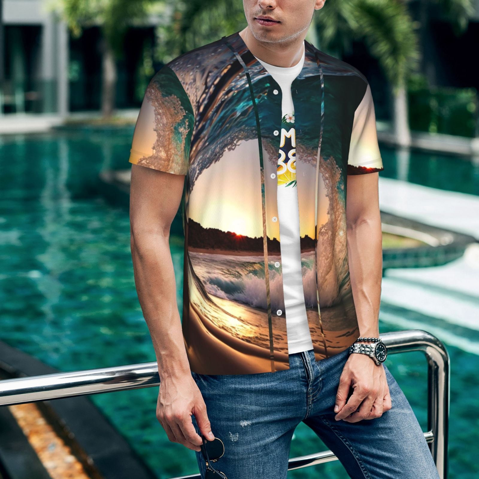 Mens Graphic Baseball T Shirt Short Sleeve Summer Casual Tee Top Jersey, Wave Inside Hollow Morning Surf