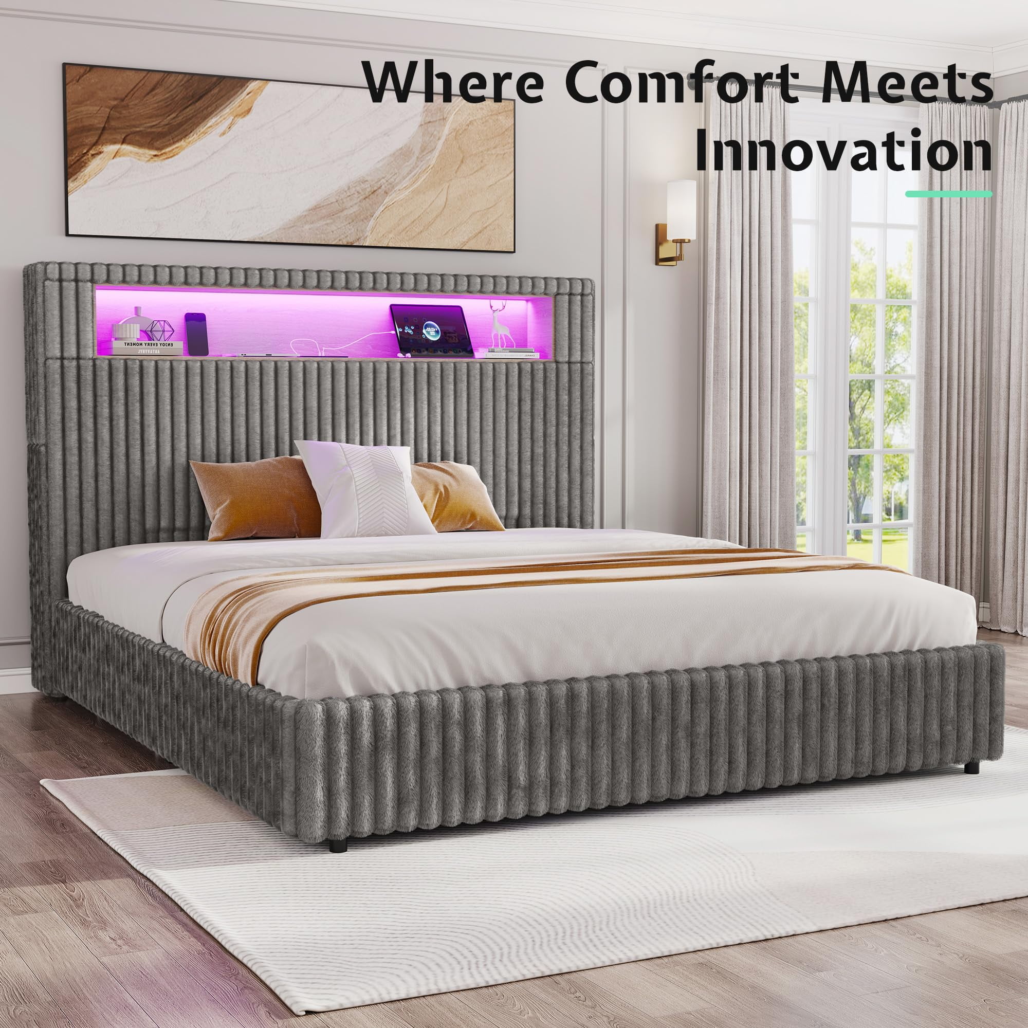 VanAcc King Size Storage Bed Frame with 51.2" Tall Upholstered Headboard, Built-in 6 Drawers & Bookcase, USB Ports & RGB LED Lights, Grey