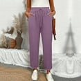 thumbnail image 2 of Linen Pants Spring Women Elastic Waist Drawstring Ankle Length Straight Leg Cropped Pants High Waisted Comfy Beach Trousers Light Purple L, 2 of 6