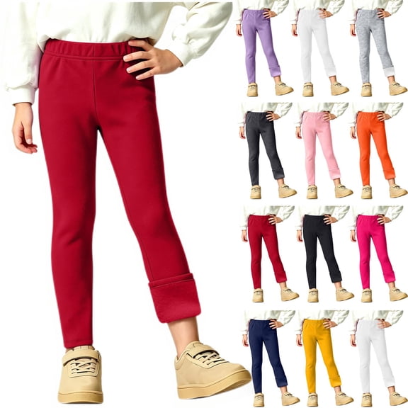 Diufon Red Leggings Girls Fleece Lined High Waisted Thickened Thermal Pants Kids Fall Winter Warm Base Layer Bottoms