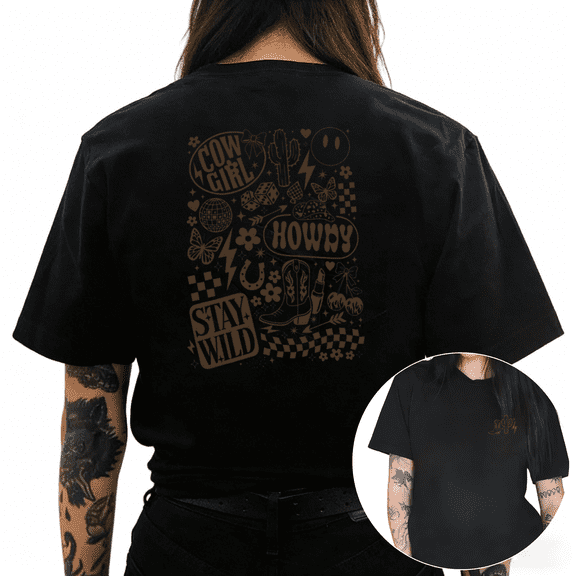 Cozymy Women's Cowgirl Howdy Stay Wild Western Checkerboard Butterfly Collage Casual Short Sleeve Vintage T-Shirt Tops