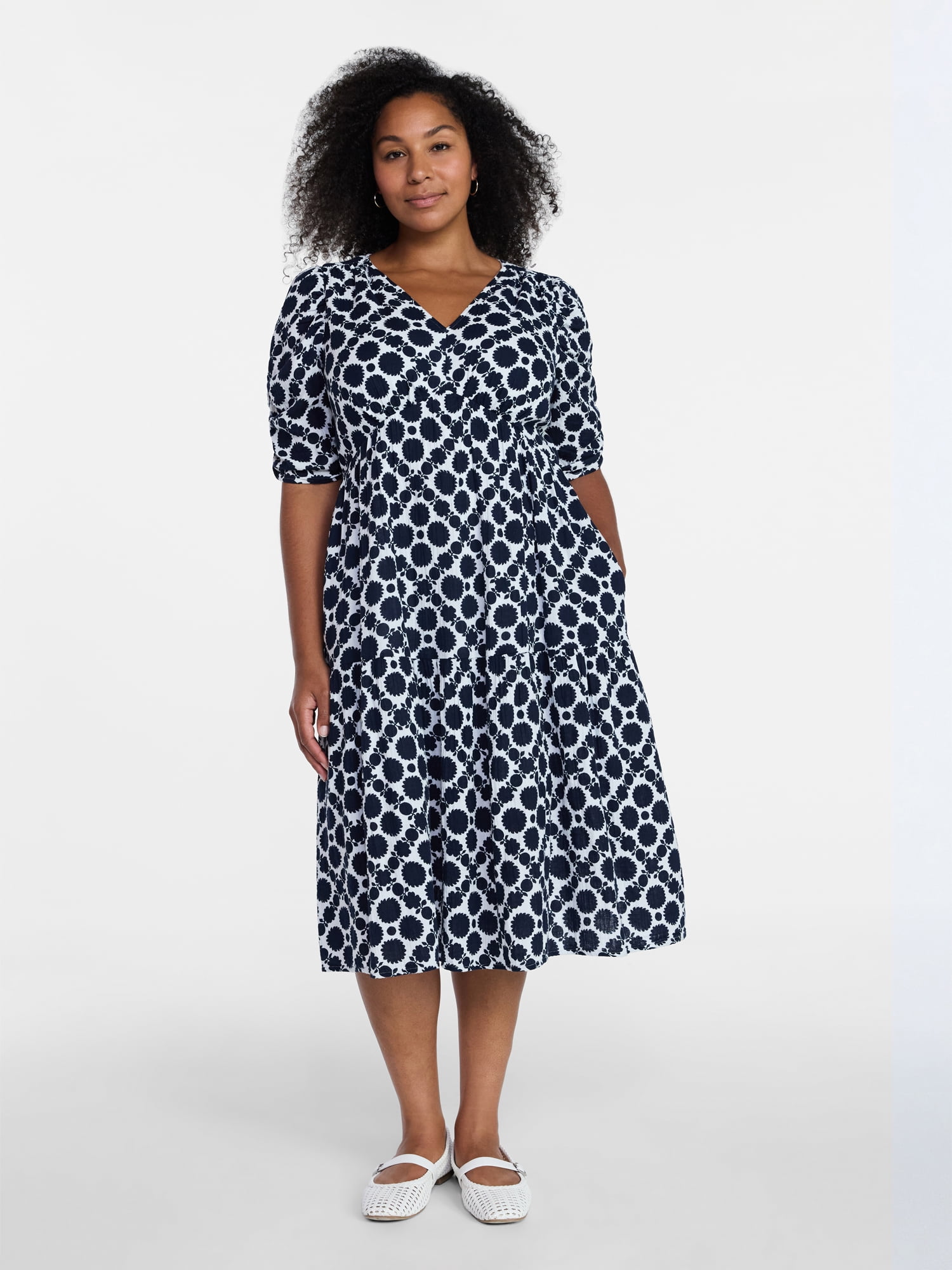 Time and Tru Women's Cotton Tiered Midi Dress with Elbow Length Sleeves, Sizes XS-XXXL