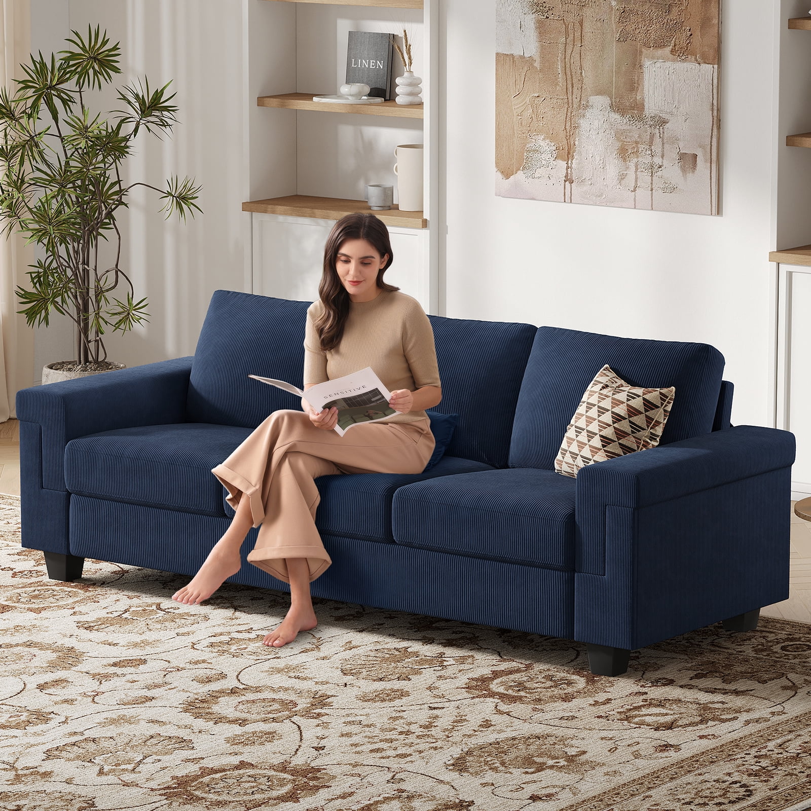 BLAZANT 90" 3 Seater Sofa Couch with Deep Seat, 90" Modern Upholstered Sofa with Armrests, Easy Installation, Comfy Couches for Living Room, Apartment,Blue