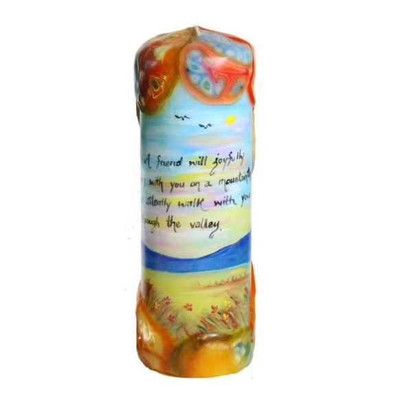 Quote Pillar Candle - A friend will joyfully sing with you on a mountaintop and silently walk with you through the valley