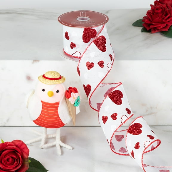 White and Red Glitter Hearts Valentine's Day Wired Craft Ribbon 2.5" x 10 Yards