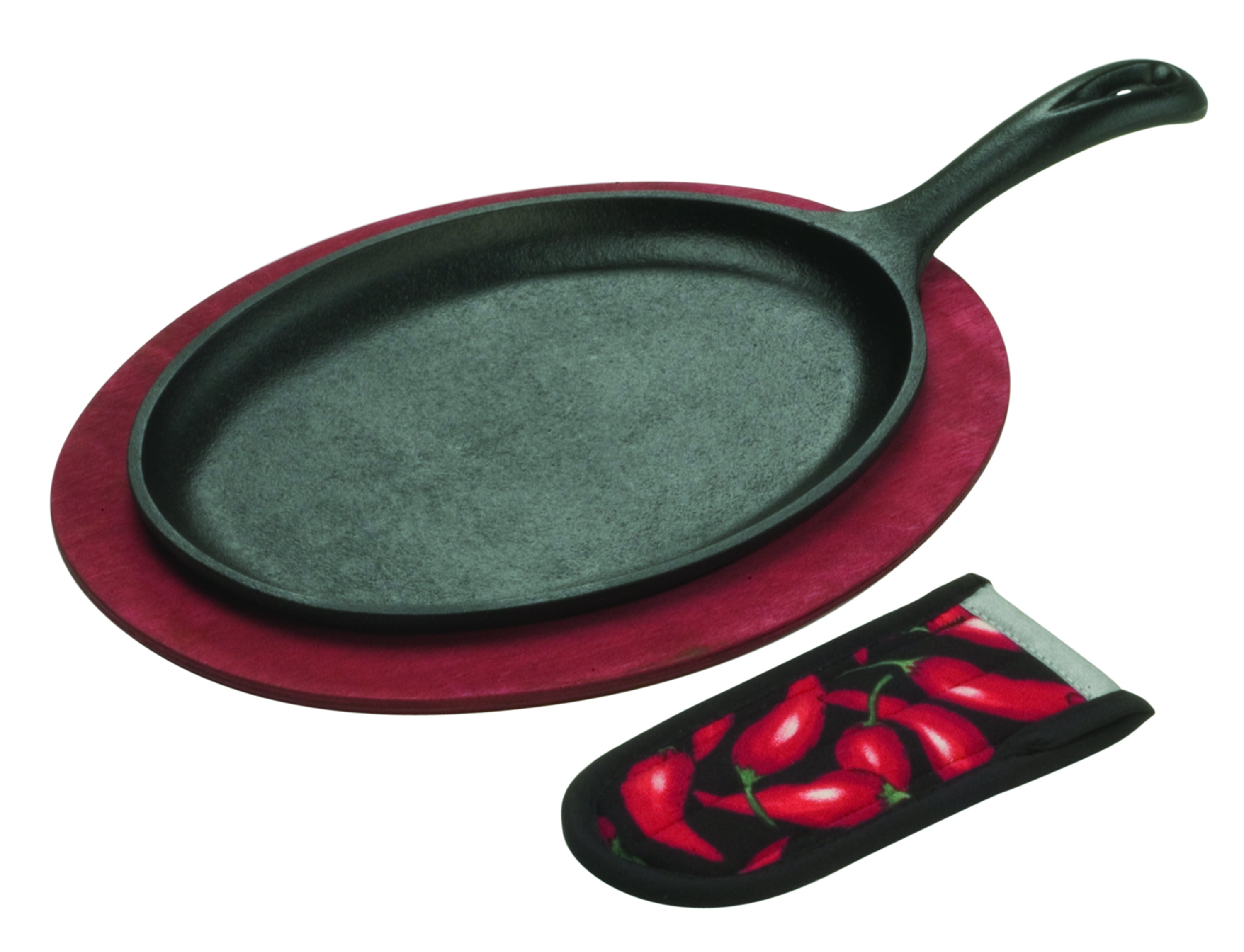 Lodge Cast Iron Fajita Set with Red Stained Wooden Underliner & Handle